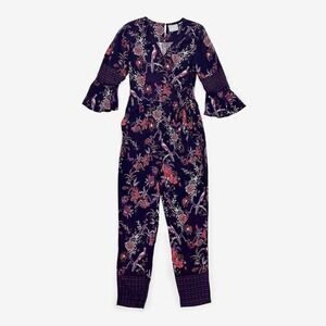 Maeve Espoir Printed Jumpsuit Size 8 Purple Floral Bird Boho Eclectic Festival